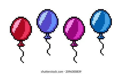 Vector set of isolated illustrations of pixel flying balloons of different colors on a white background. Retro game 8 bit art style. Red, purple, pink and blue. Holiday, decoration, party collection