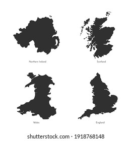 Vector set of isolated illustrations with simplified maps of UK regions. Dark grey silhouette of Scotland, England, Northern Ireland, Wales (United Kingdom). White background