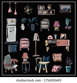 Vector set of isolated images of furniture and household items on a black background. All items can be used separately. Refrigerator, lamps, chandeliers, floor lamp, chests of drawers, cabinet, shelf.