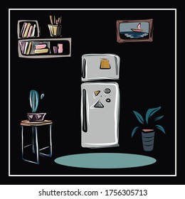 Vector set of isolated images of furniture and household items on a black background. All items can be used separately. Refrigerator, lamps, chandeliers, floor lamp, chests of drawers, cabinet, shelf.
