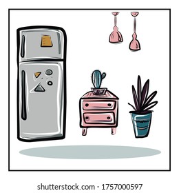 Vector set of isolated images of furniture and household items on a white background. All items can be used separately. Refrigerator, lamps, chandeliers, floor lamp, chests of drawers, cabinet, shelf.