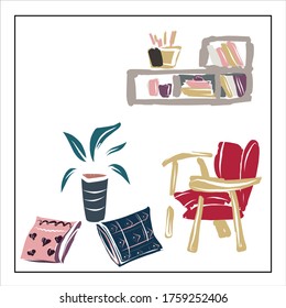 Vector set of isolated images of furniture and household items on a white background. All items can be used separately. Refrigerator, lamps, chandeliers, floor lamp, chests of drawers, cabinet, shelf.