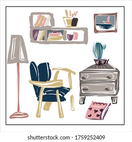 Vector set of isolated images of furniture and household items on a white background. All items can be used separately. Refrigerator, lamps, chandeliers, floor lamp, chests of drawers, cabinet, shelf.