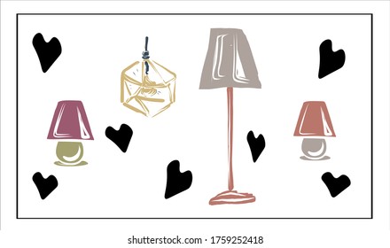 Vector set of isolated images of furniture and household items on a white background. All items can be used separately. Refrigerator, lamps, chandeliers, floor lamp, chests of drawers, cabinet, shelf.