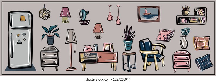 Vector set of isolated images of furniture and household items. All items can be used separately. Refrigerator, lamps, chandeliers, floor lamp, chests of drawers, cabinet, shelf. Interior, furniture. 