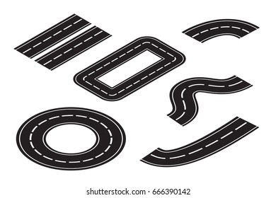 Vector set of isolated isometric asphalt roads on the white background. Concept of logistics, journey, delivery and transportation.
