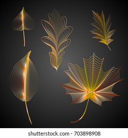 Vector set of isolated leaves on a black background. Contours of leaves of neon color