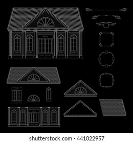 Vector set of isolated line details retro style house. Window,  door, roof, facade and vintage decorative elements, frames.