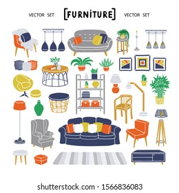 Vector set with isolated living room furniture on white background. Set on the theme of home interior design