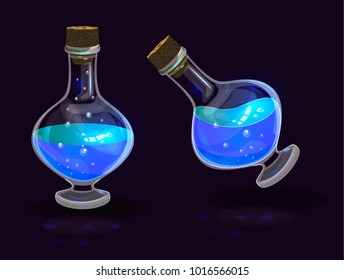 Vector set of isolated magic bottles with bright lightning blue potion; element of app user fantasy game interface; blue aqua potion with bubbles and bright radiation