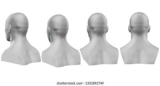 Vector set of isolated male busts of mannequins on white background. 3D. Male bust from different sides. Vector illustration
