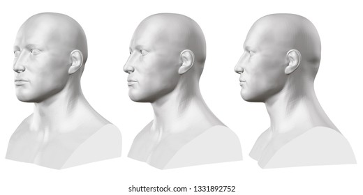 Vector set of isolated male busts of mannequins on white background. 3D. Male bust from different sides. Vector illustration