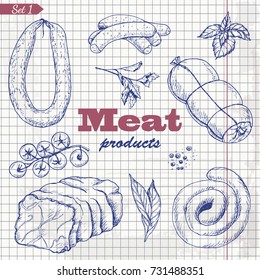 Vector set of isolated meat products in sketch style. Vector illustration for your design