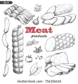 Vector set of isolated meat products. Vector illustration for your design