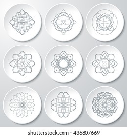 Vector set of isolated monochrome icons. Collection of gray labels with abstract emblems.