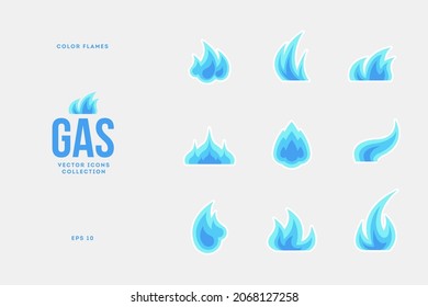Vector set of isolated natural gas flames. Blue burning gas icons, flat style industry clipart collection.