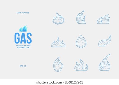 Conjunto de vectores de llamas aisladas de gas natural. Iconos de gas quemado azul, colección de clipart de la industria de las líneas de arte.