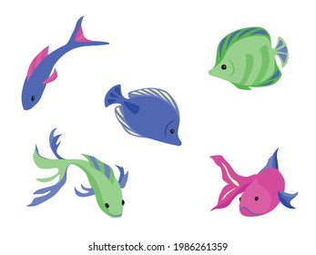 Vector set of isolated neon fishes. Green, blue and pink Colors