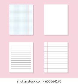 Vector set of isolated notebook paper lists for decoration and covering. Concept of note, posting and education.