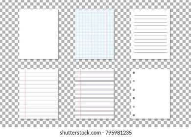 Vector set of isolated notebook paper lists for decoration and covering on the transparent background. Concept of note, posting and education.