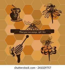 Vector  set isolated objects, icons and shortcuts in brown on beige background with honeycombs and text-Banner