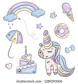 Vector set of isolated objects on white background. Cute unicorn, cake and donut. Rainbow with clouds, rain and umbrella. Heart with a star and color. Hand drawn objects.