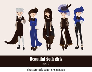 Vector set with isolated on background gothic girls. Goth clothes in dark colors, with different accessories, various hairstyle and posing. Serious characters