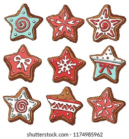 Vector set of isolated on white ginger bread cookies . Star shaped. Christmas design. Elements for food holiday design