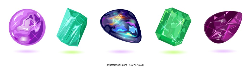 Vector set isolated on white with purple, violet, green and dark gemstones, minerals, mascot, amulet, talisman, periapt amethyst, beryl, black fire opal, emerald, taaffeite Jewelry collection