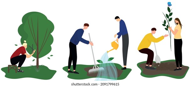 Vector set isolated on a white background of farmers and gardeners. Men and women plant trees, do landscaping, trim branches, drip and water plants. People are working in the garden. Agricultural work