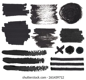 Vector set of isolated on white felt tip pen spots, stroke and marks, black paint and ink decorative elements