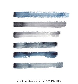 Vector set of isolated on white dry paint brush strokes, lines and marks. Indigo, blue, black and gray paint and ink as stylish watercolor decorative elements.