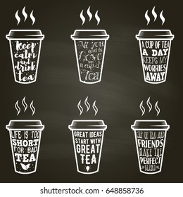Vector set of isolated paper cups with tea quotes and sayings lettering. Calligraphy hand written phrases about tea. Vintage creative typography design for tea shops and print. Part 2.