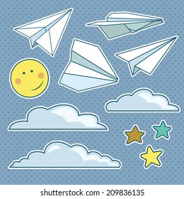Vector set with isolated paper planes, stars, moon, clouds
