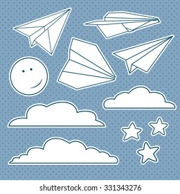 Vector set with isolated paper planes, stars, moon, clouds