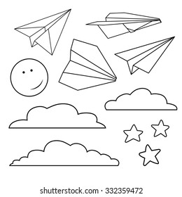 Vector set with isolated paper planes, stars, moon, clouds