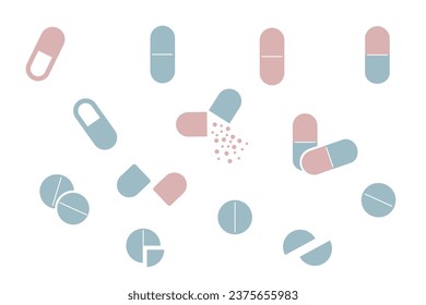 Vector set of isolated pills and different capsules. Simple illustration of drug and vitamins symbols. Medicine icon for web and mobile app