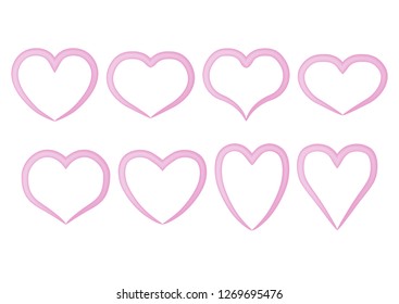 Vector set of isolated pink outlines of hearts of different shape on a white background. Eps 10. Gradient lines.