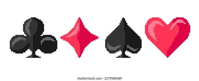Vector set of isolated pixel card suits illustrations on a white background. Retro bit game art style