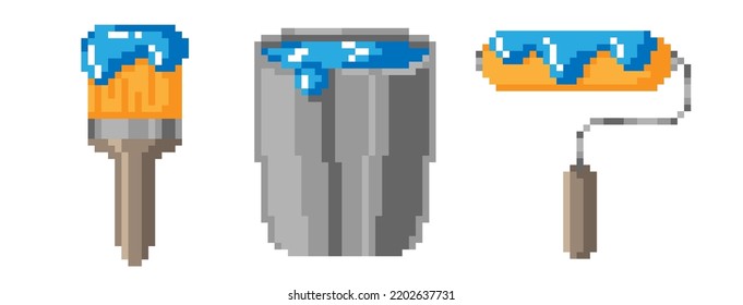 Vector set of isolated pixel illustrations. Renovation tools collection on a white background. Blue paint. Filled bucket. Brush and roller