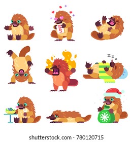 Vector Set of Isolated Platypus Character in Various Emotional States