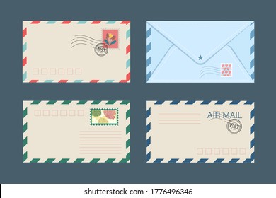 Vector set of isolated postal envelopes and postcards with postage stamps. The concept of sending and receiving parcels and letters of love, New Years envelope and Valentines Day. Stock Graphics