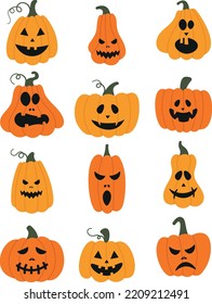 Vector set of isolated pumpkins with different scary emotions. Halloween pumpkins	