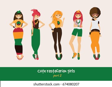 Vector set with isolated rasta girls. Rastafarian clothes in bright colors, ethnic accessories, various hairstyle and posing. Smiling characters with dreadlocks.