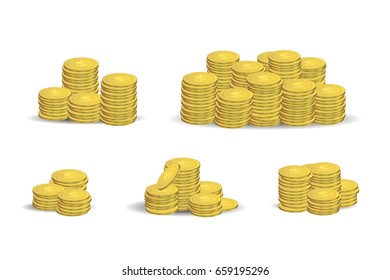 Vector set of isolated realistic piles of golden coins on the white background. Concept of money, gold market and treasure.