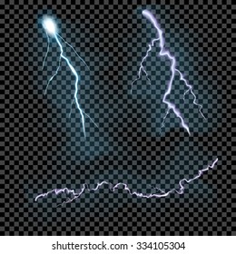 Vector set of isolated realistic transparent lightning shapes on black grey background. Thunder-storm, rainstorm. Magic, bright, natural effects. Danger, electricity sign. For your design and business