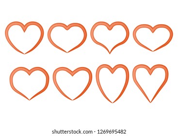 Vector set of isolated red outlines of hearts of different shape on a white background. Eps 10. Gradient lines.