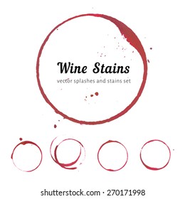 Vector set of isolated red wine stain circles. Wine stain logo design. Wine bottom glass ring stains for badge design. Watercolor hand drawn glass marks of wine stain on white background