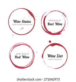 Vector Set Of Isolated Red Wine Stain Circles. Wine Stain Logo Design. Wine Bottom Glass Ring Stains For Badge Design. Watercolor Hand Drawn Glass Marks Of Wine  Stain On White Background