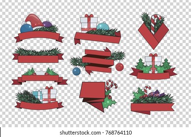 Vector set of isolated ribbons with fir branches and Christmas ornament decoration for sale banners and covering on the transparent background. Concept of Merry Christmas and Happy New Year.